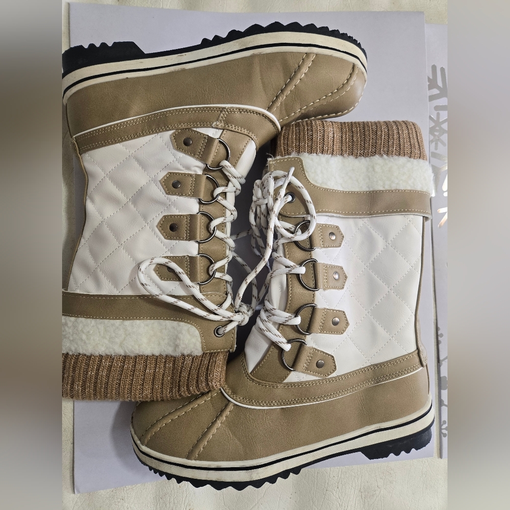 Tan and White Quilted Winter Boots